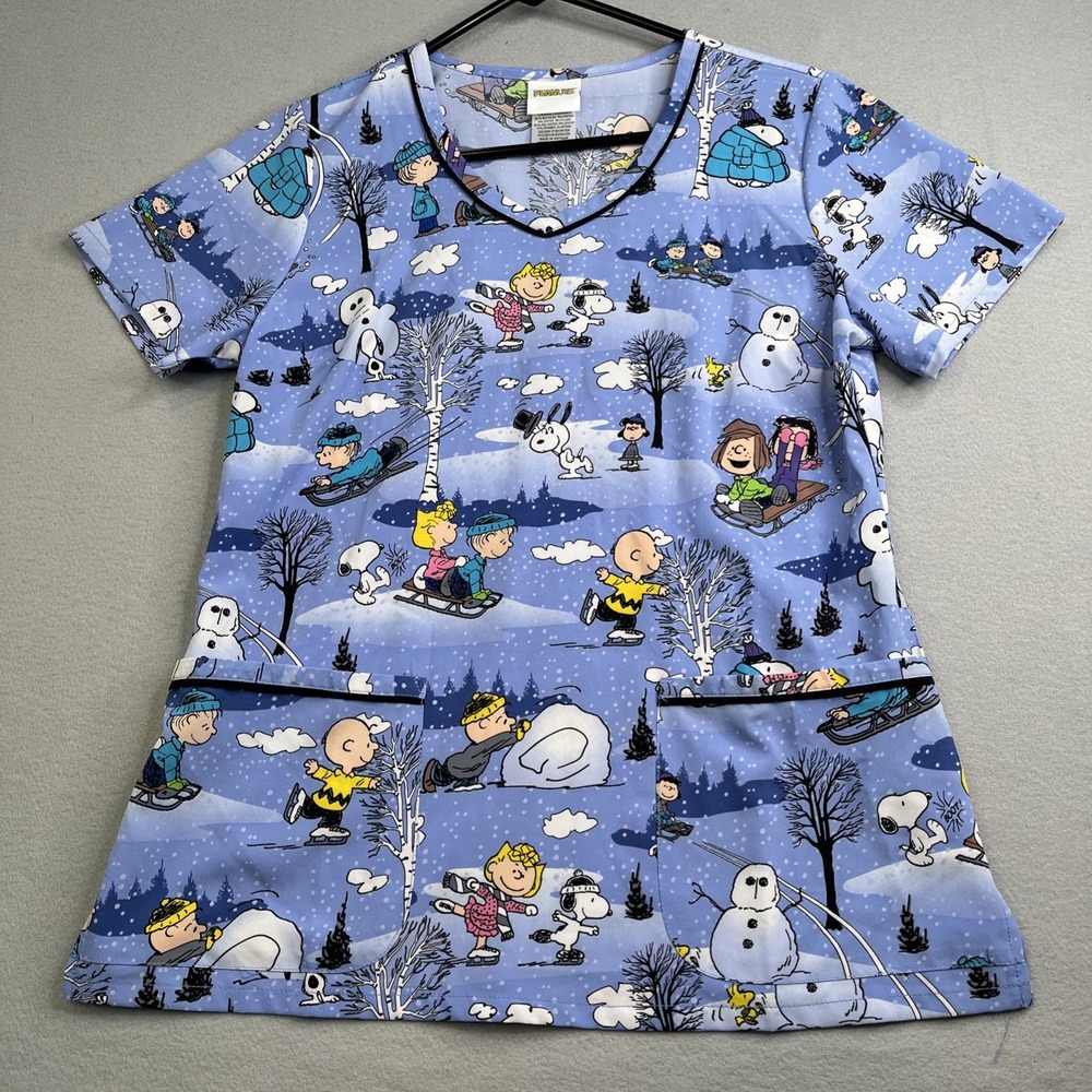 Peanuts Charlie Brown Christmas Scrub Top Snowflake Womens Small TF633 Blue